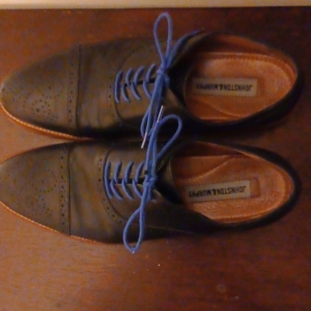 JOHNSTON & MURPHY Dark Blue Leather Wingtip Shoes, 11 - Picture 2 of 7